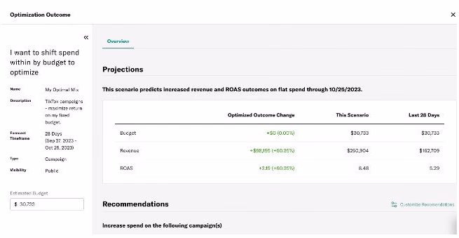 Prescient AI Marketing Mix Optimizer budget allocation recommendations and impact summary