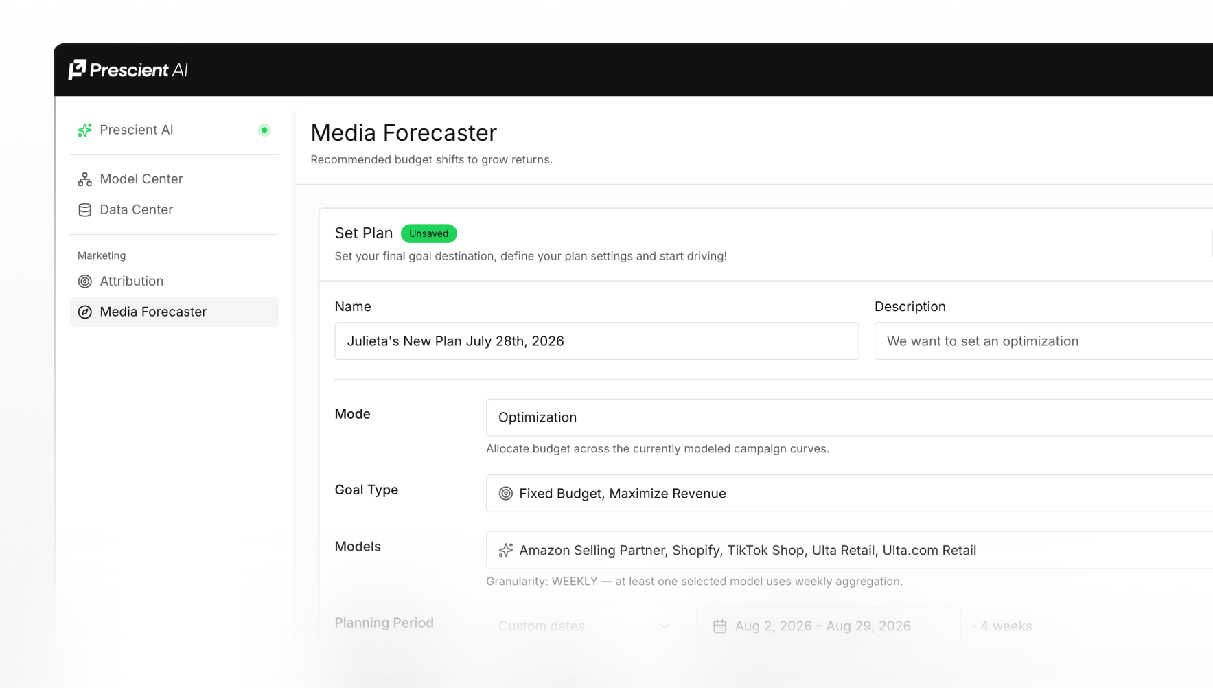 Media Forecaster showing one plan across models with the reasoning behind each recommendation