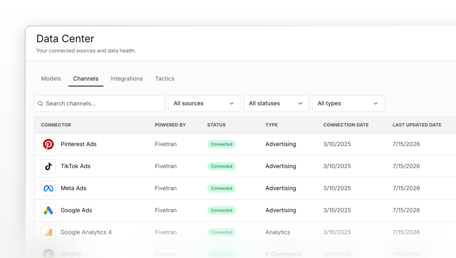 Data Center with integrations, connectors and campaign mapping on one self-service screen