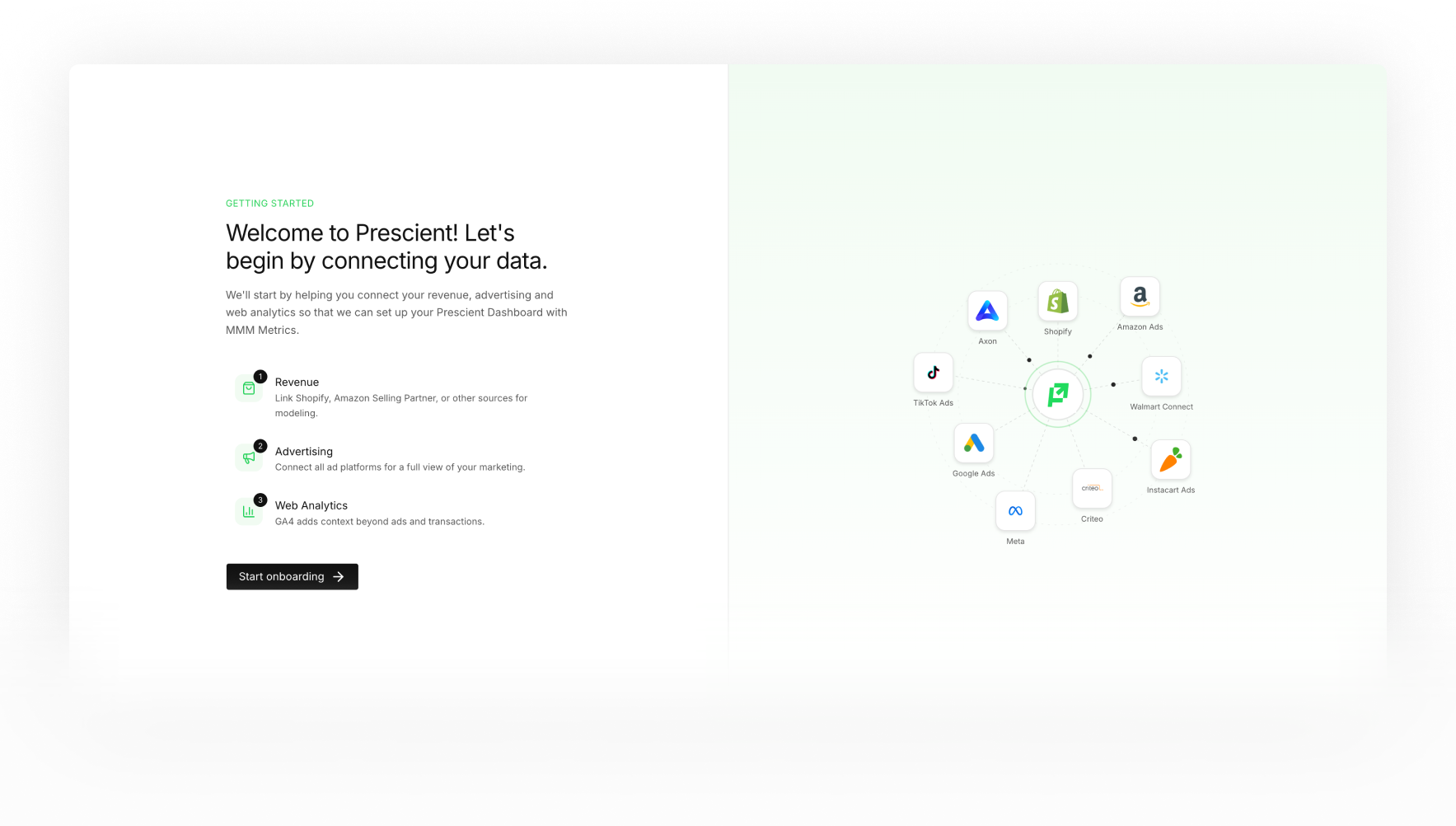 Guided onboarding showing only the connectors the account needs, with progress and flagged issues