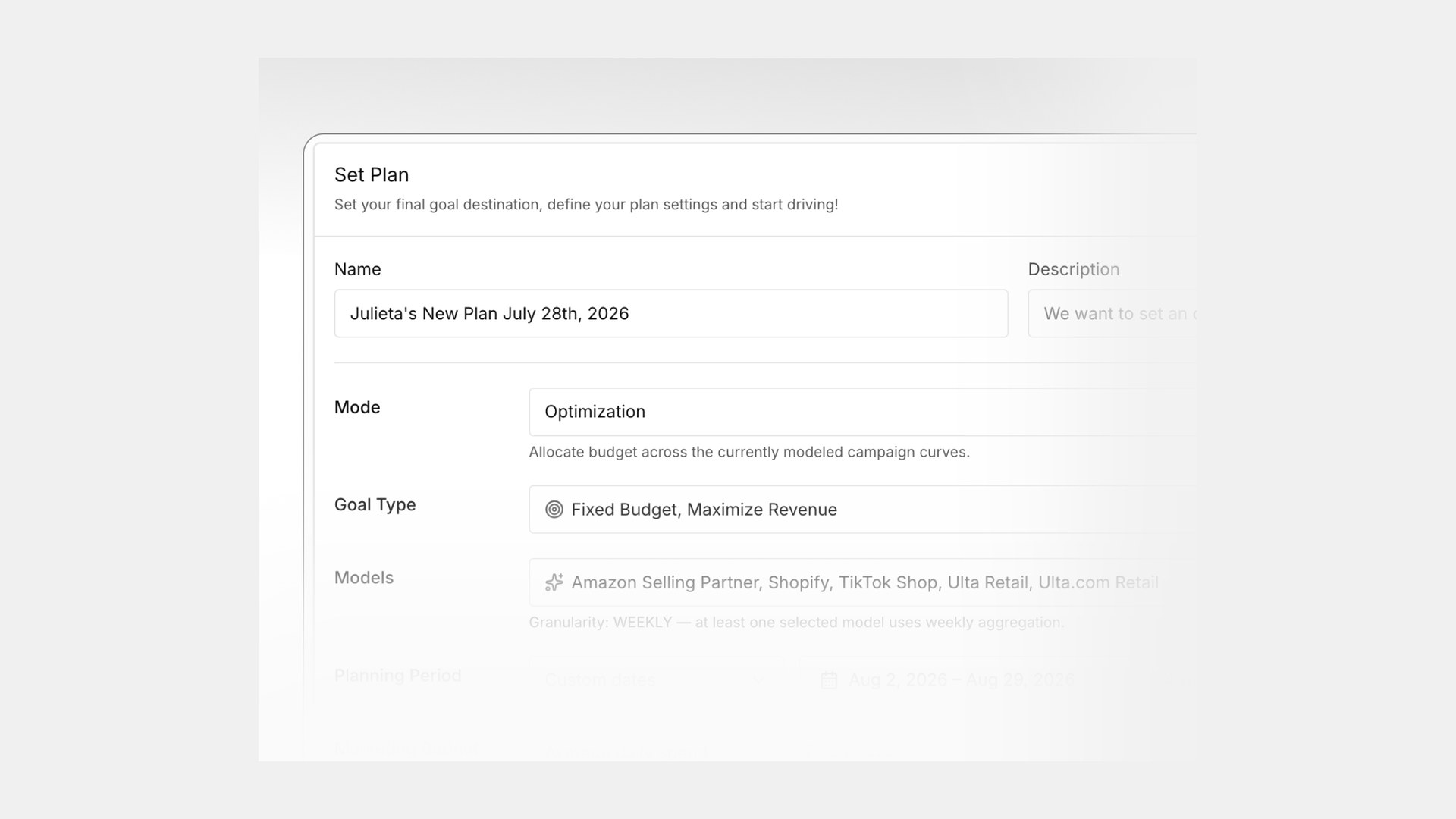 Setting up a plan in Media Forecaster: mode, goal type, and models