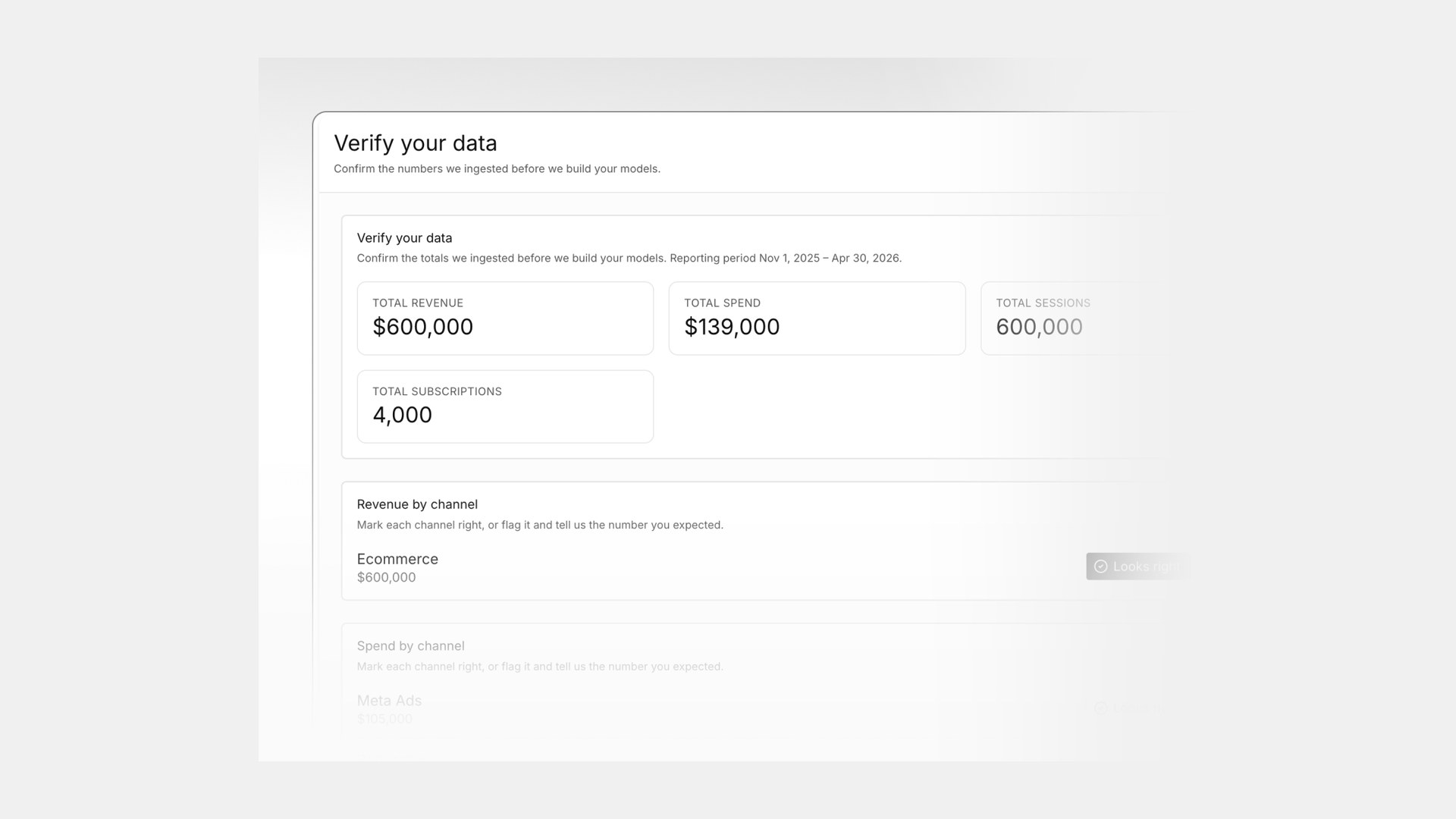 Confirming imported revenue and spend totals during onboarding